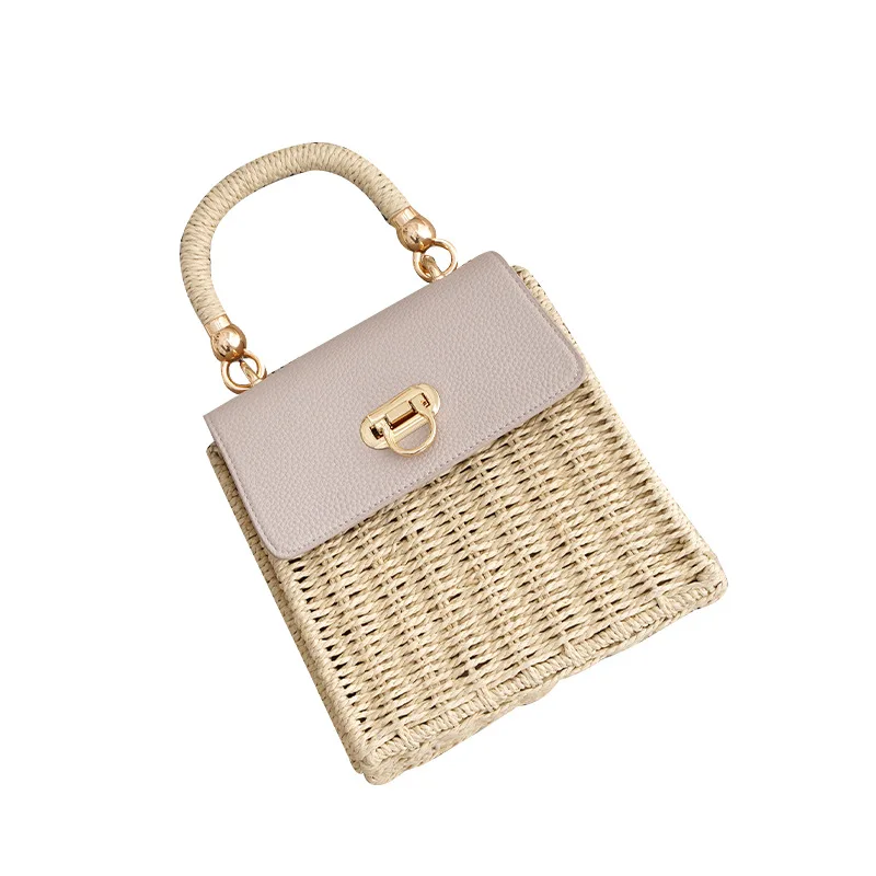 Fashion Straw Box Women Handbags Casual Handmade Weave Summer Beach Bag Chic Lock Small Phone Purses 2024