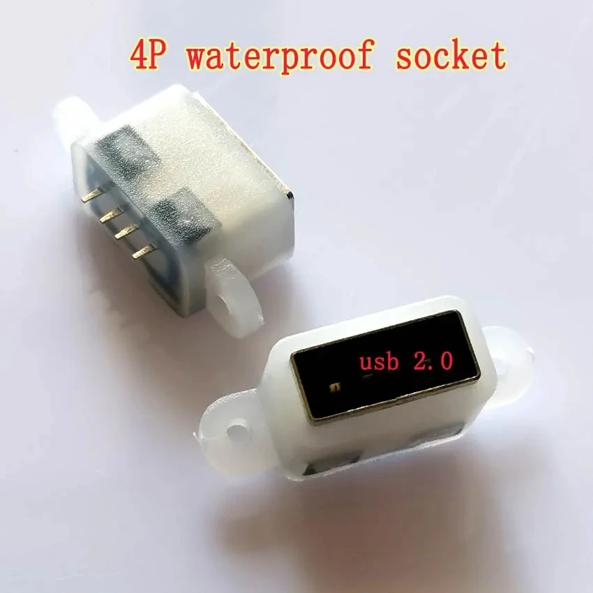 1pcs USB 2.0 waterproof female base 180 degree vertical 4P waterproof female socket type a straight plug 11.5mm white glue