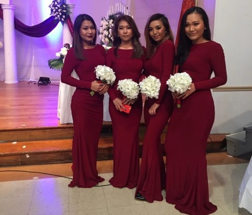 

Lorencia Burgundy Long Sleeve Mermiad Bridesmaid Dress 2023 Chiffon Maid of Honor Wedding Party Gown Robes Invitée Mariage YBD51