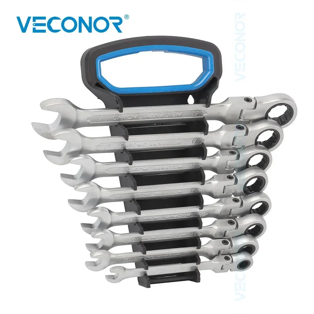 8-Piece Ratchet Wrench Set of Keys Flexible Head Dull Full Polished Multitool with Plastic Rack