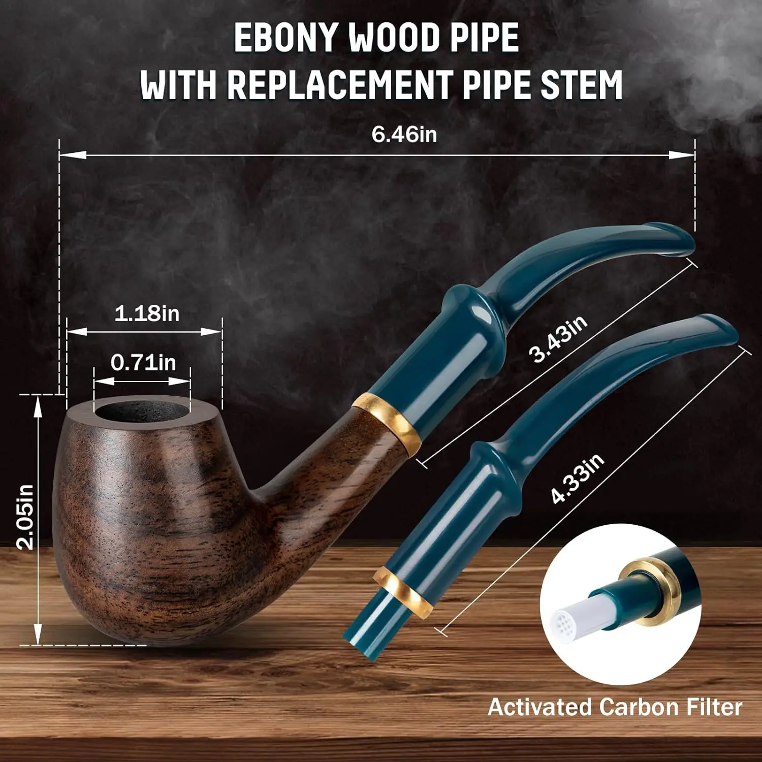 Ebony Wood Pipe Set with PU Leather Travel Pipe Pouch,Replaceable Pipe Stem,Pipe Filters and Smoking Pipe Accessories