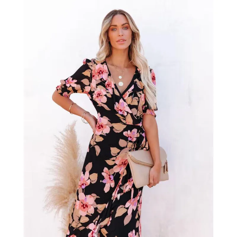 Dress Women Summer 2022 New Floral Print Short Sleeve V-neck Waist Belt Chiffon Dresses Casual Vestidos Dropshipping JQMY2057