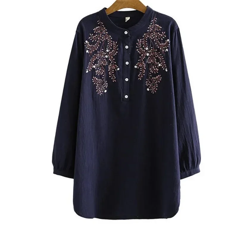 Embroidery T-Shirt Medium Long Long Sleeves Round Collar 2021 Autumn Loose National Wind Cotton Shirt Large Size Women's Dress