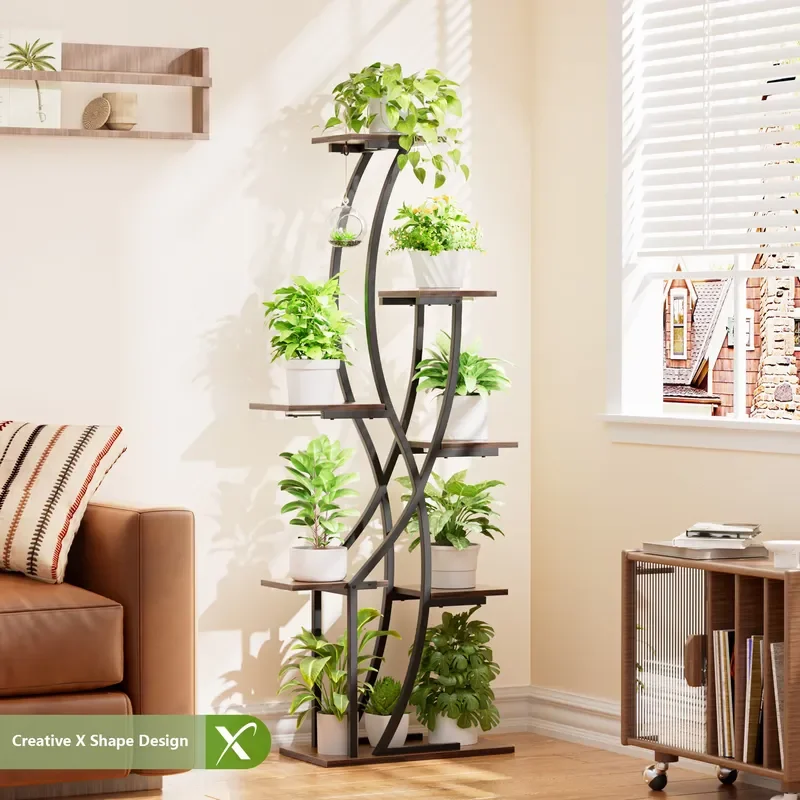 7 Tier X Shape Plant Stand with 4 LED Grow Lights 55 Inch Wood Metal Corner Flower Rack Indoor Display Shelf for Home Garden