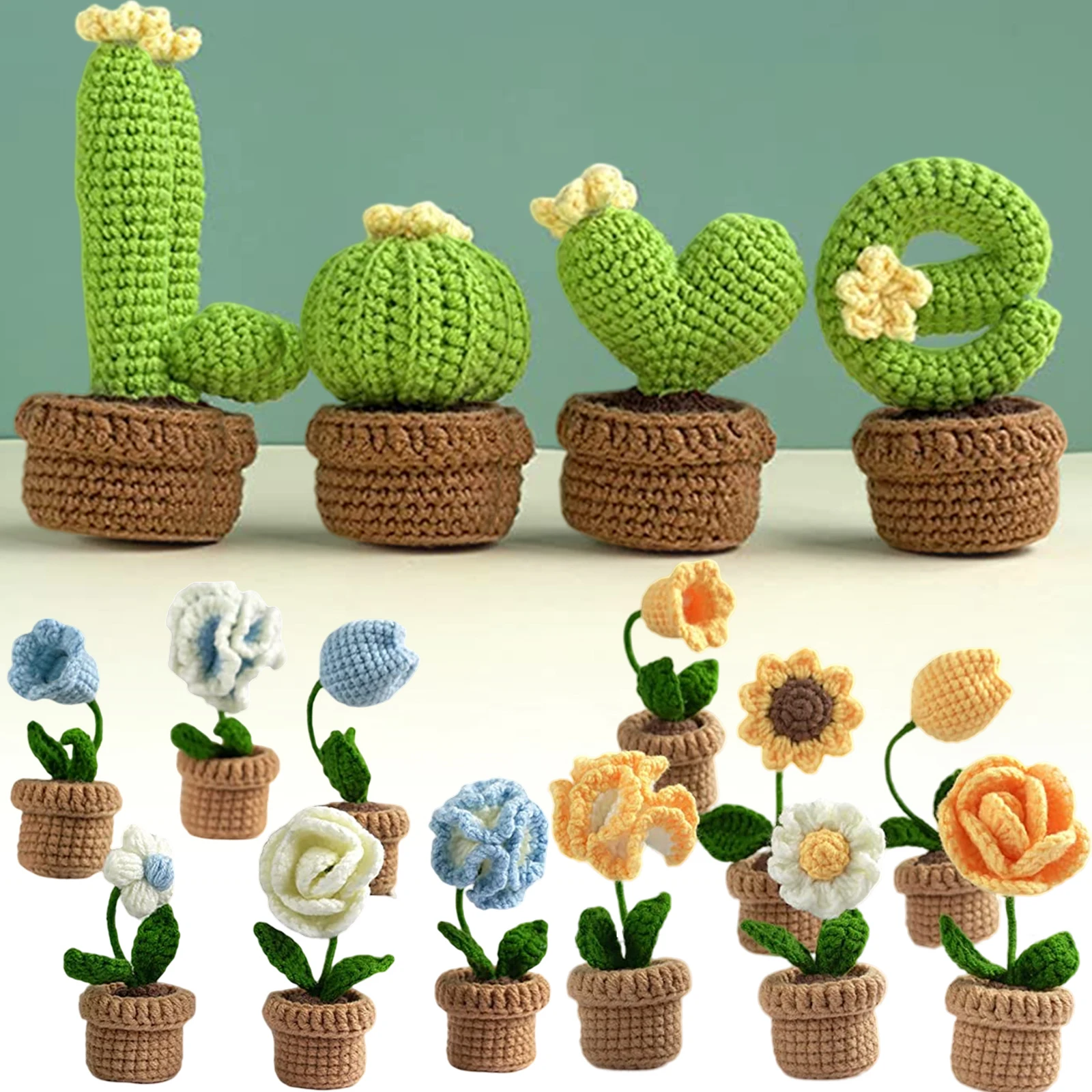 6Pcs Crochet Potted Kit Potted Flowers Kit for Beginners and Experts DIY Potted Plants Craft Kit Complete Crochet Set Creative