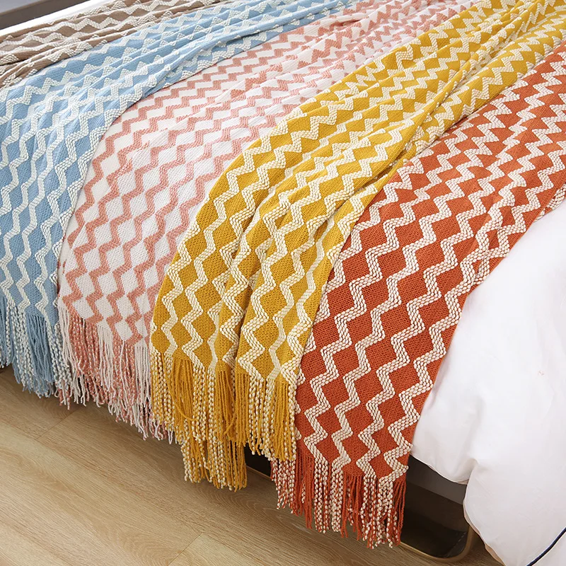 Simple Knitted Home Hotel Longer Tassel Bed Runner Solid Plaid Wool Bed Tail Towel Wedding Party Decor Bed Cover Bed Blanket