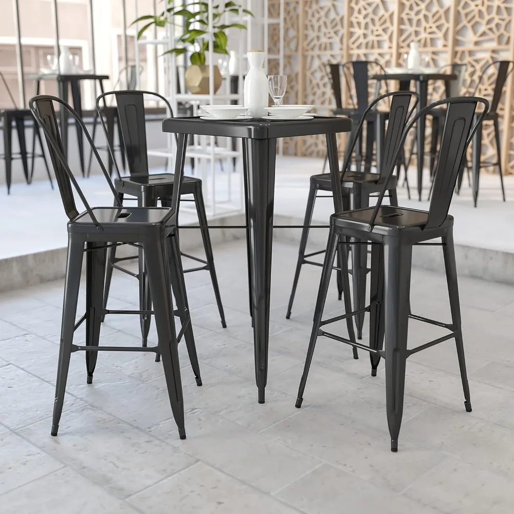 

EMMA + OLIVER Commercial Grade 23.75SQ Black Metal Indoor-Outdoor Bar Table Set-2 Stools-Backs