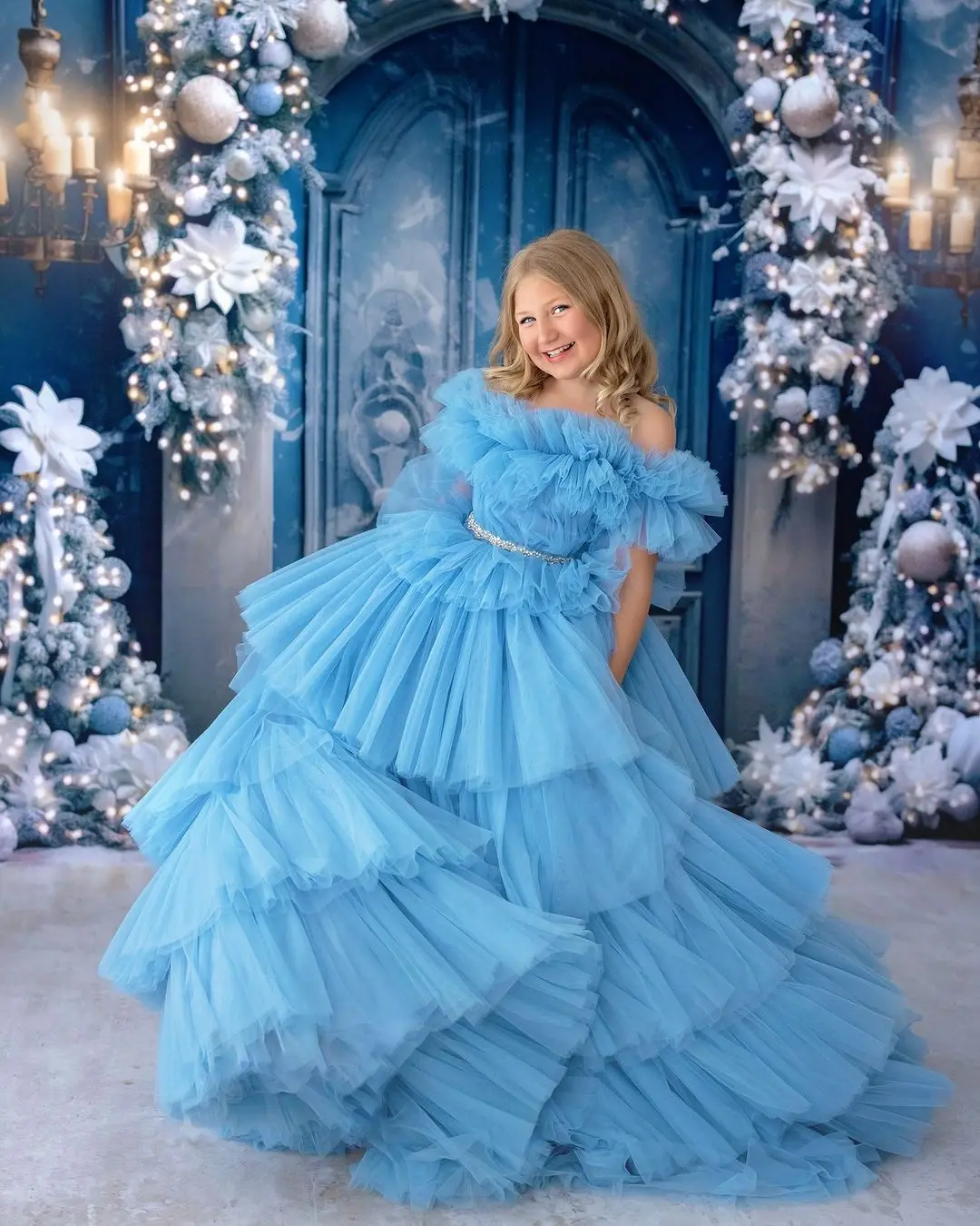 Vestidos de flores azules con hombros descubiertos para niña, vestidos escalonados con volantes para fiesta de cumpleaños, hasta el suelo, vestidos de primera comunión para niñas