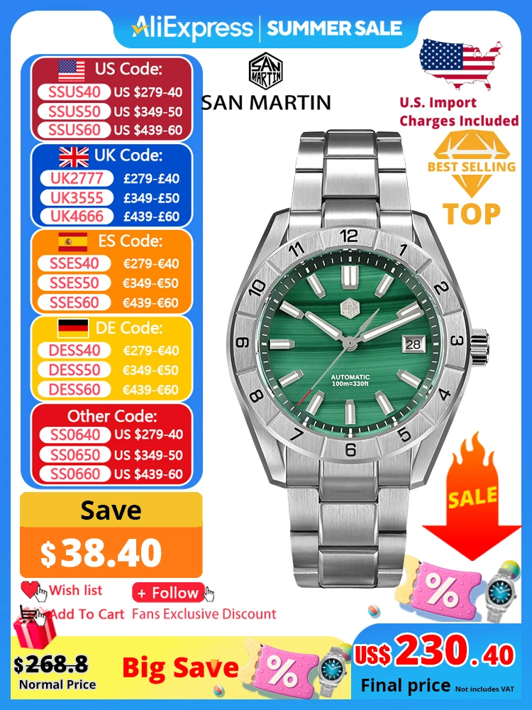 

San Martin New 42mm Peacock Gemstone Dial NH35 Luxury Men Watch Automatic Mechanical Sapphire 100M Waterproof Luminous SN0130