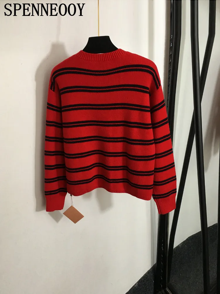 SPENNEOOY Fashion Runway Autumn Winter Red Vintage Striped Knitting Cardigan Women\'s O-Neck Loose Long Sleeve Casual Sweaters