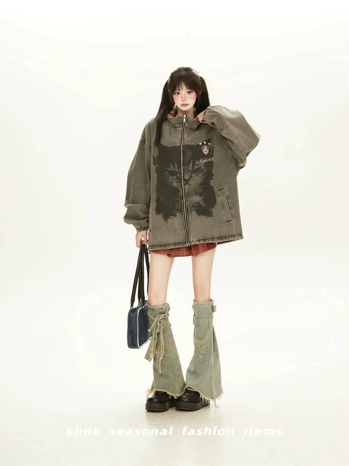 Women Denim Jacket 2026 Autumn Women Vintage American Washed Distressed Denim Hooded Jacket Cute Cat Cool Loose Fashion Coat
