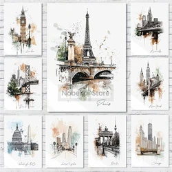 Famous City Watercolor Landscape Skyline Poster Modern Minimalism Prints Canvas Painting Wall Art Pictures Home Room Decoration