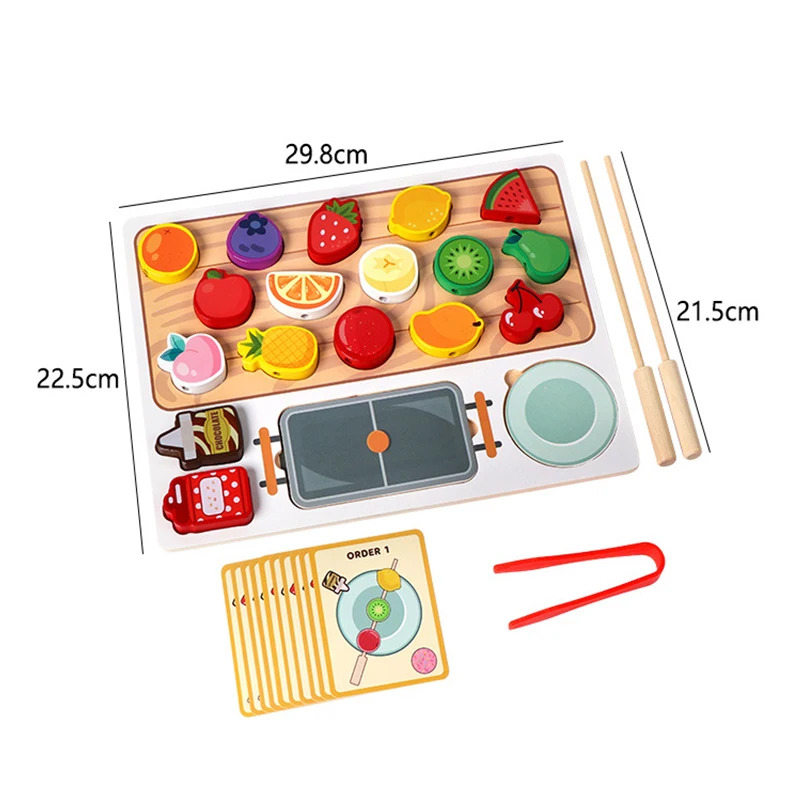 Drewniane zabawki Montessori dla dzieci szpikulec owocowy pasujące koraliki gwintowanie gra edukacyjna logika szkolenia klocki do budowy gra prezenty