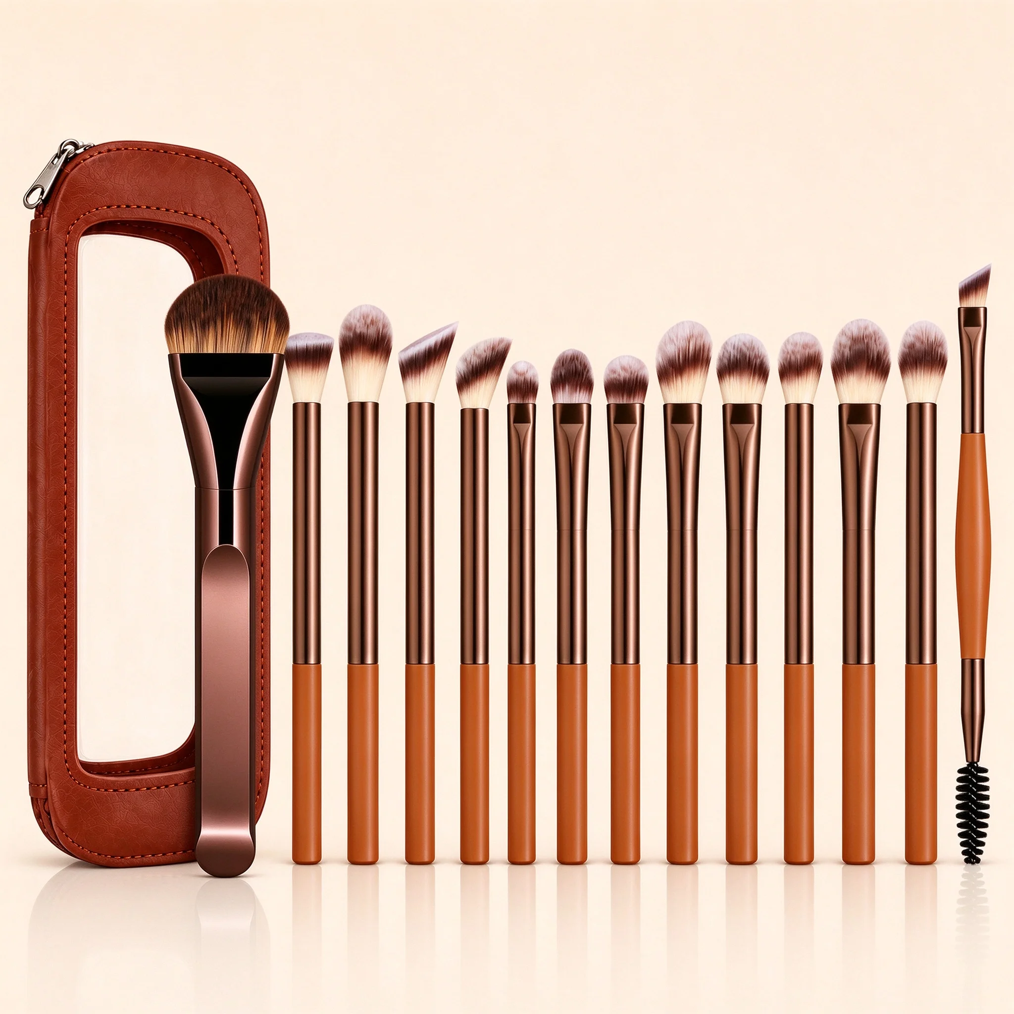 15Pcs Brown Makeup Brush Set Soft Synthetic Bristles Transparent PU Zipper Case Foundation Eyeshadow Eyebrow Brush Kit