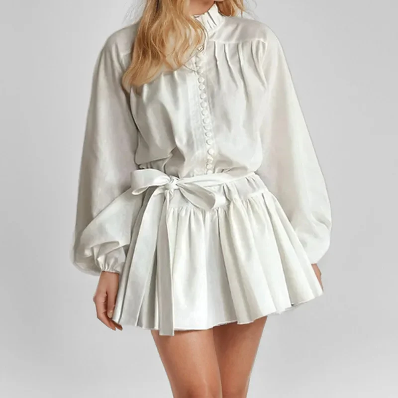 Mini abito camicia elegante bianco Moda donna Ruffles Abiti con maniche a lanterna per donna Stampa vintage Abito con lacci Femme Плаalıе