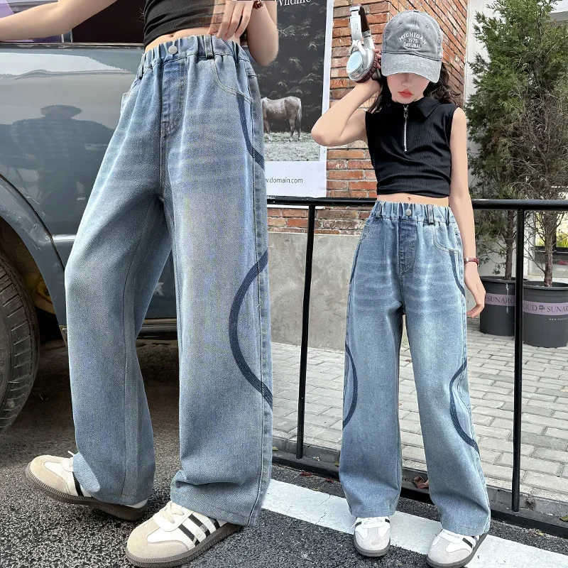 Summer Elegant Children Fashion Side Irregular Shape Jeans for Tween Girls Cool Street Denim Pants Kids Teenager Jeans Trousers