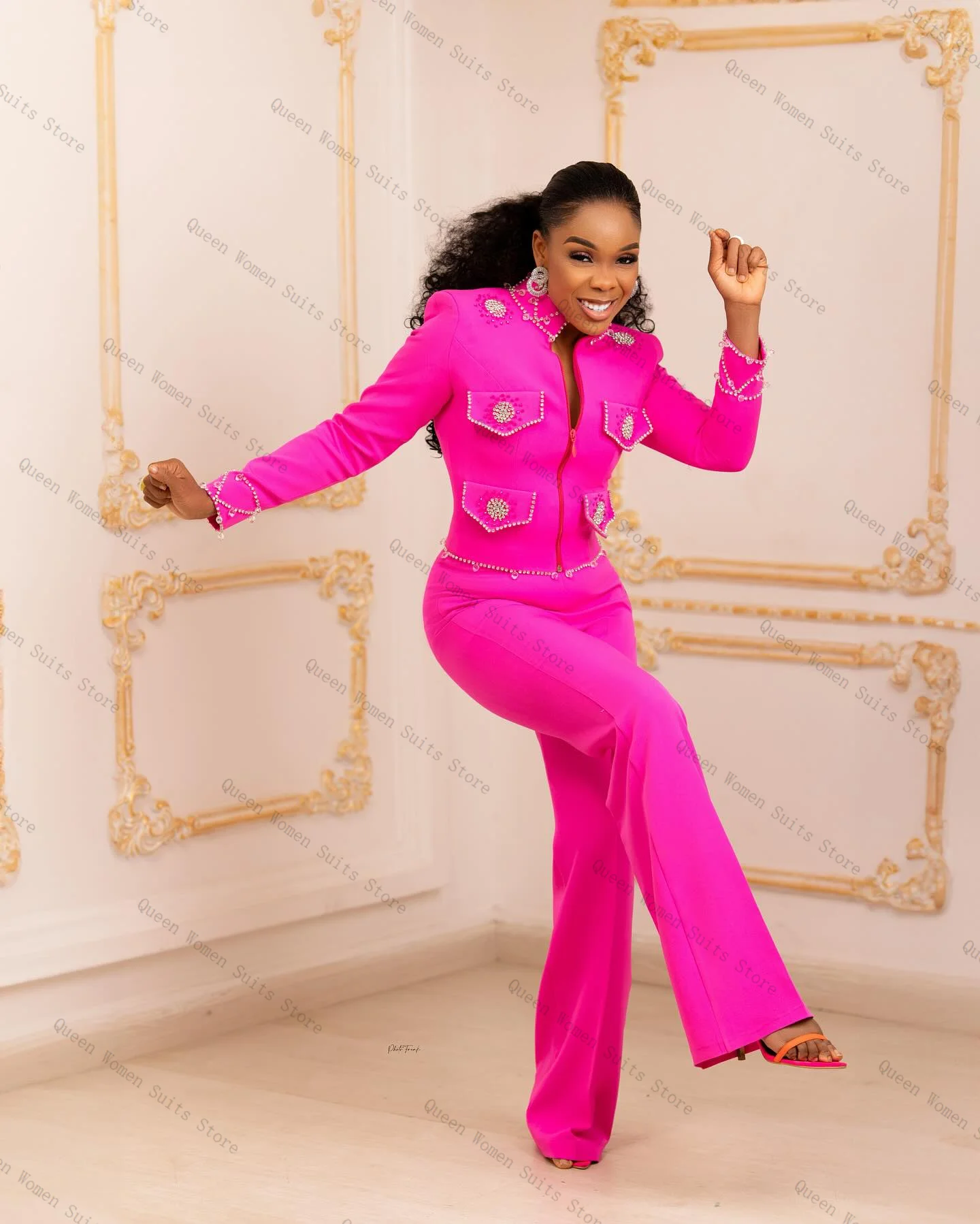 

Hot Pink Women Suit Set 2 Piece Blazer Pants Trouser Crystal Beaded Formal Office Lady Jacket Cotton Wedding Coat Customized