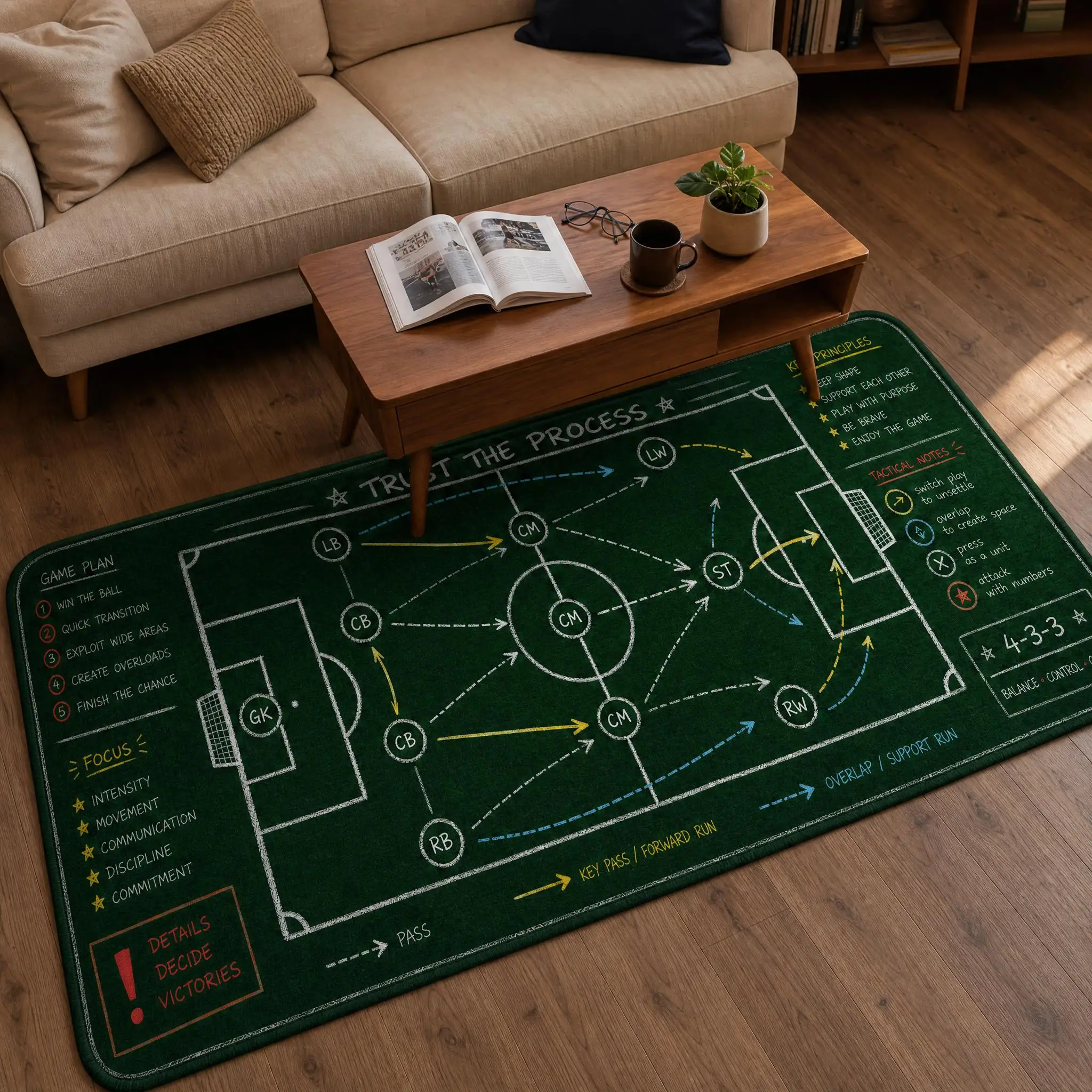 Tapis de sol imprimé avec notes tactiques de football, plan de jeu de formation 4-3-3, tapis antidérapant lavable pour entraîneur de football, joueur