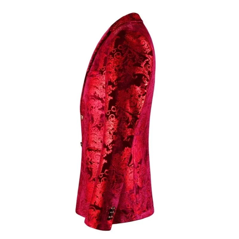 Men's Burgundy Blazer with Gold Foil Embossing Ideal for Parties Weddings and Dances Asian Sizing Red Jacquard Fabric Slim Fit
