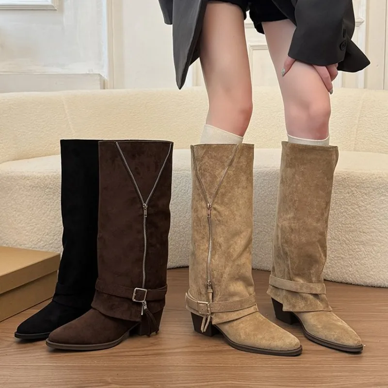 2026 New Retro Fold Cuff Zipper Design Mid Heel Women's Knee High Boots Fashion Pointed Toe Thick Heel Daily Women Long Boots
