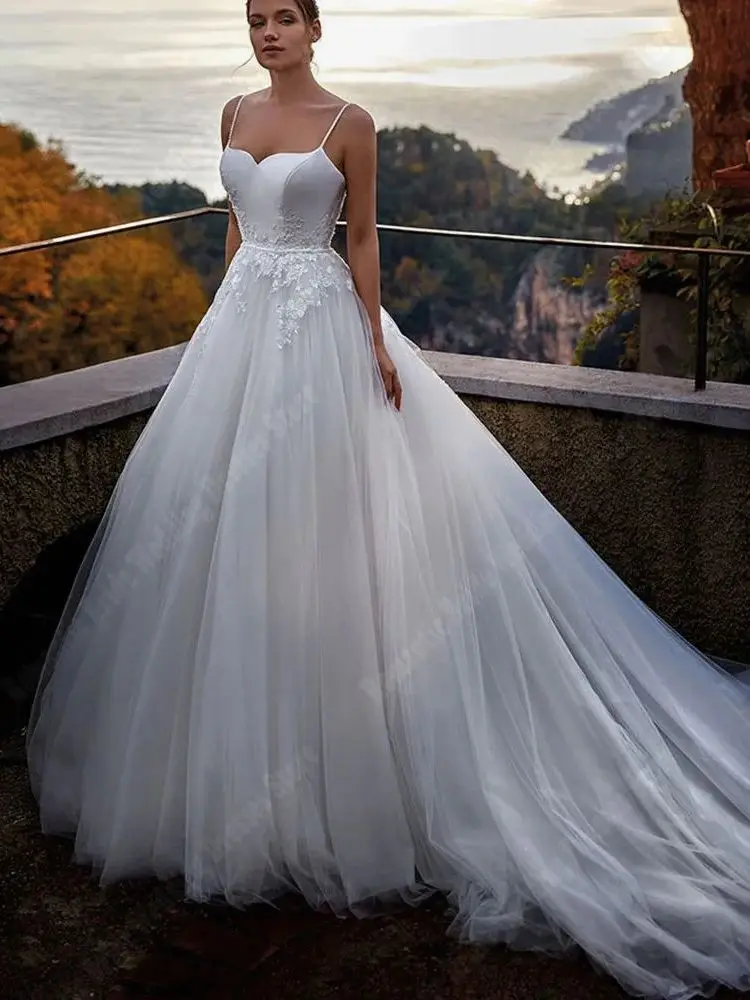 Vestidos De Casamento Sem Mangas Para Mulheres, Alça De Ombro Fina, Laço Brilhante, Vestidos De Noiva De Impressão, Comprimento De Esfregar, Vestido De Princesa