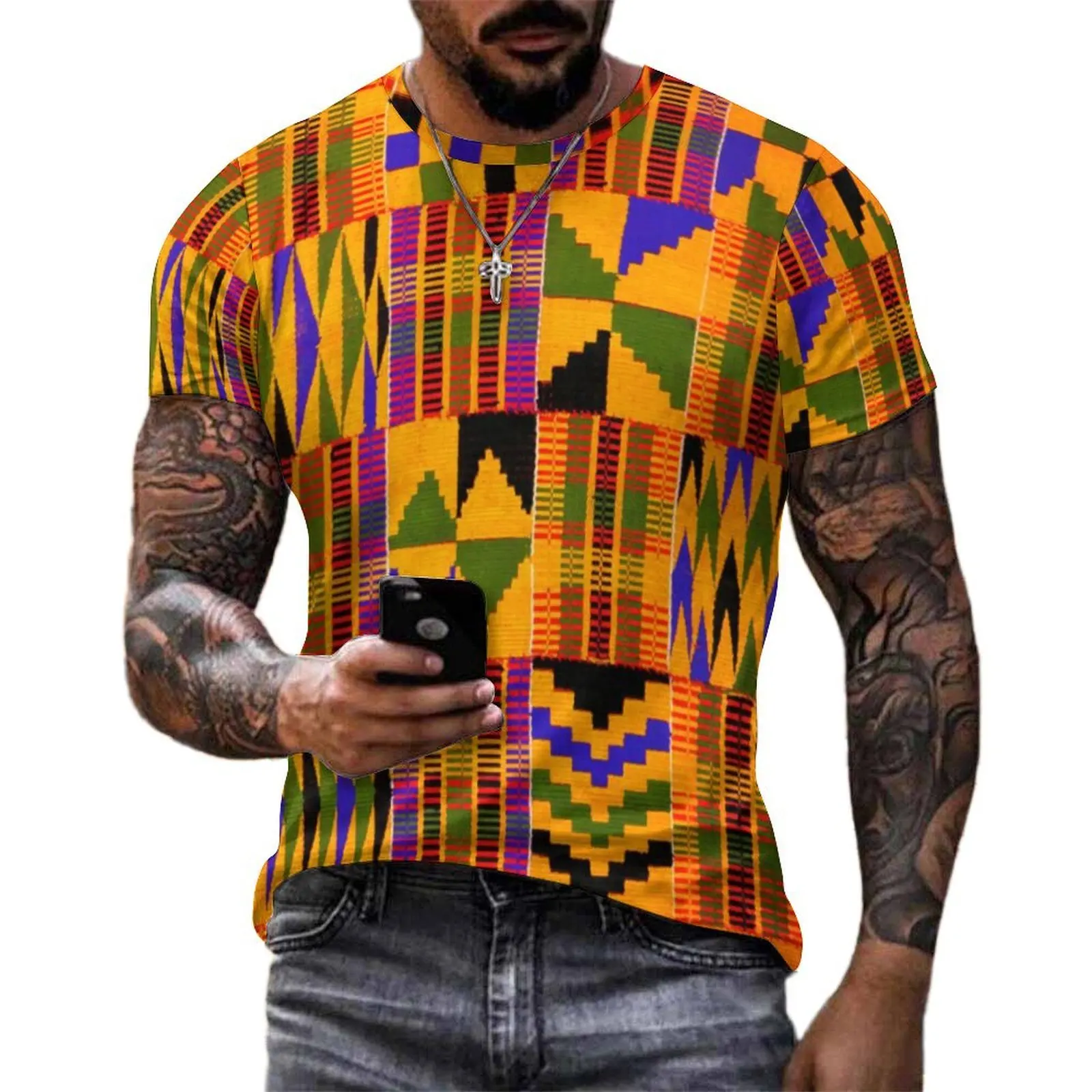 Plus Size T-Shirt Summer Kente Tribal African T-Shirts Retro Print Basic O Neck Tshirt Men Vintage Printed Clothing