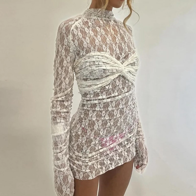 BKLD Women 2024 Spring Autumn Long Sleeve Party Club Sexy Fashion Lace White Transparent Floral Sheer Cover-up Ruched Mini Dress