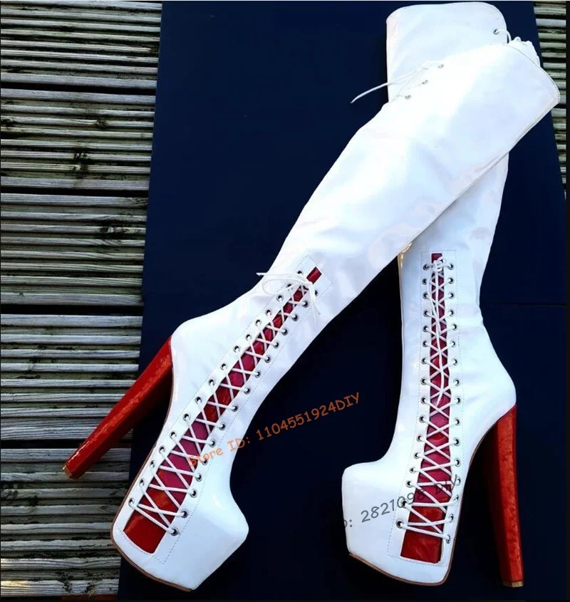 

Mixed Color Knee Boots Red White Patchwork Leather Women Sexy Lace-Up Side Zip Stiletto Round Toe Platform Fringe Lace Up Shoes