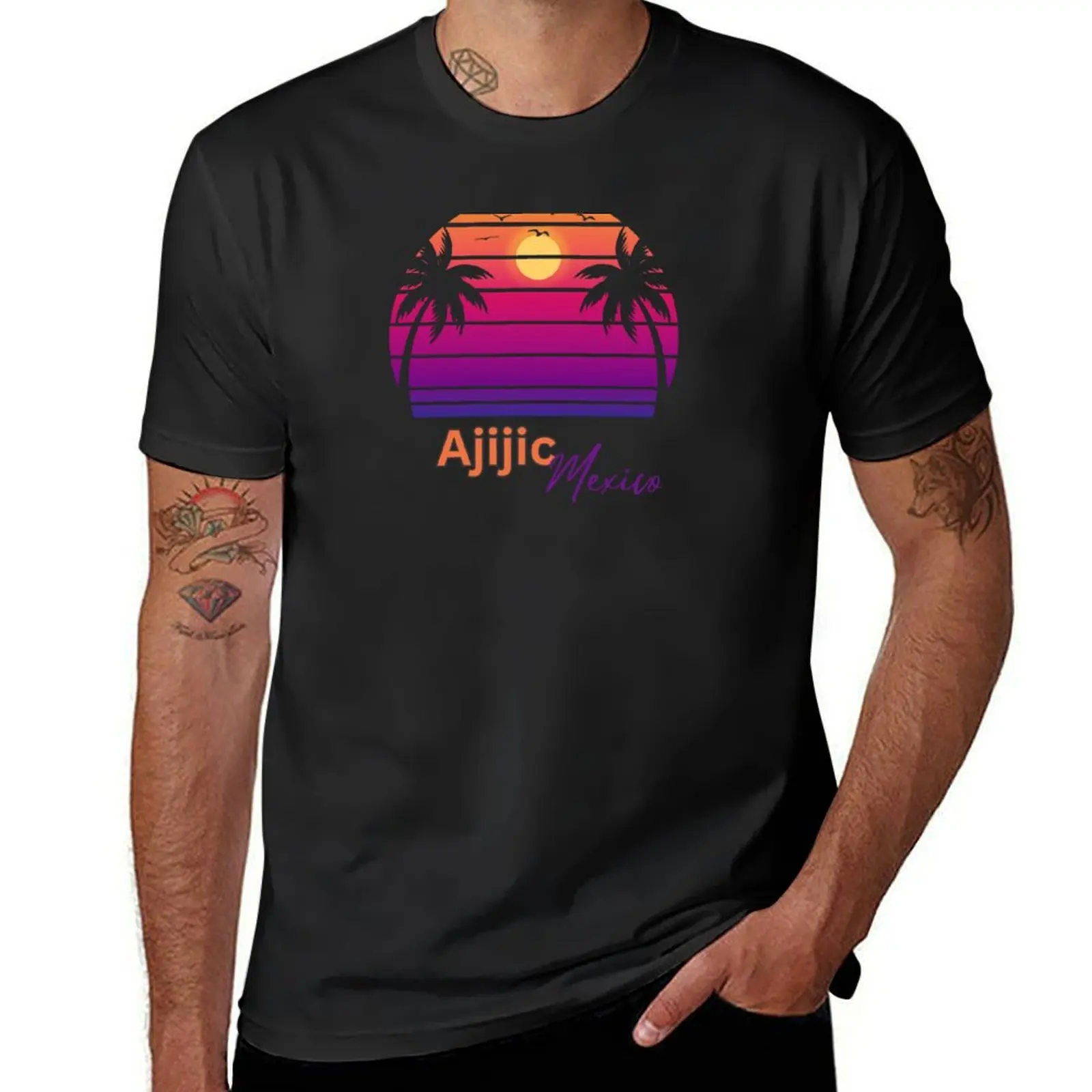 Ajijic Mexico Sunset Palm Birds Ocean T-Shirt Aesthetic clothing tees customs design your own mens plain t shirts