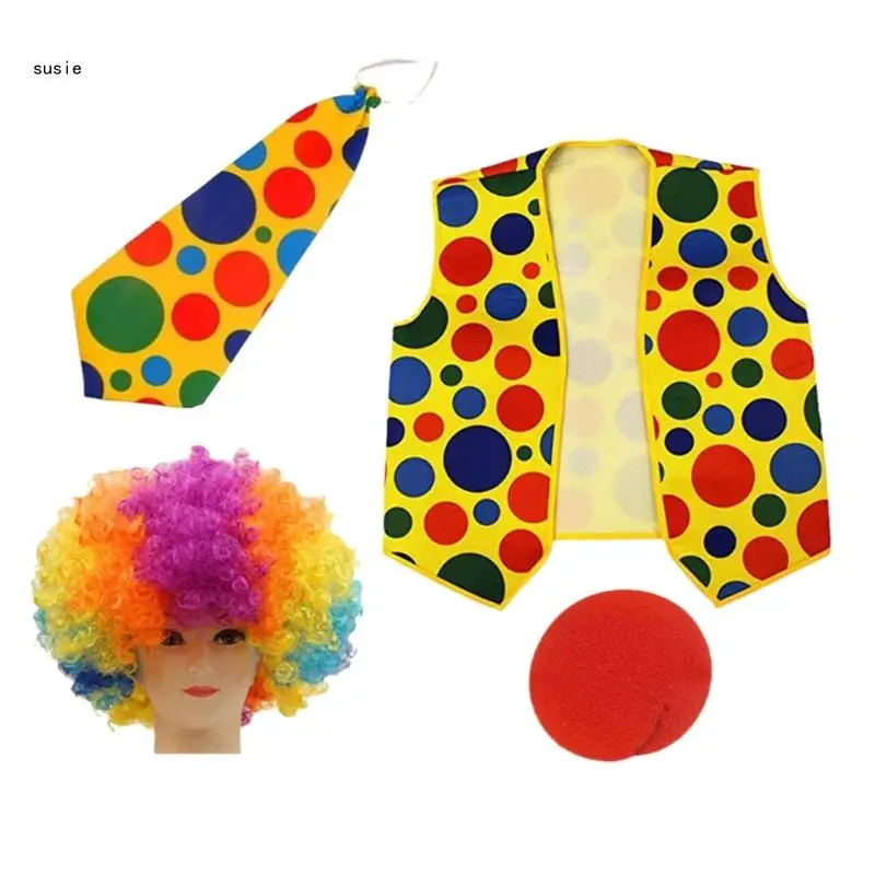 X7YA Clown-Perücken, Nase, Fliege, Clown-Weste, Schuhe, Kostümzubehör für Erwachsene, Damen und Herren