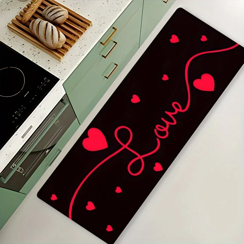 Valentine Love Heart Long Runner Mat Red Handwritten Love Word Print Black Base Anti Slip Decor Rug for Kitchen Bedroom