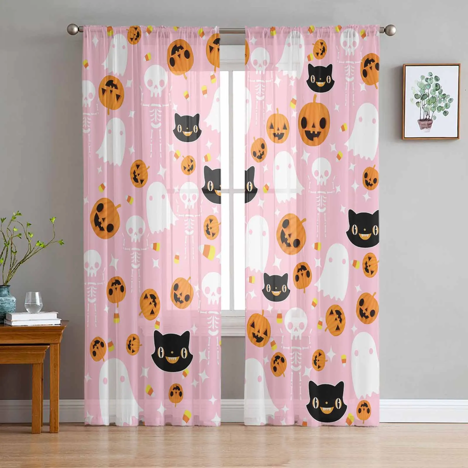 

Halloween Ghost Pumpkin Candy Black Cat Pink Sheer Curtains for Living Room Bedroom Home Decor Window Voile Tulle Curtain Drapes