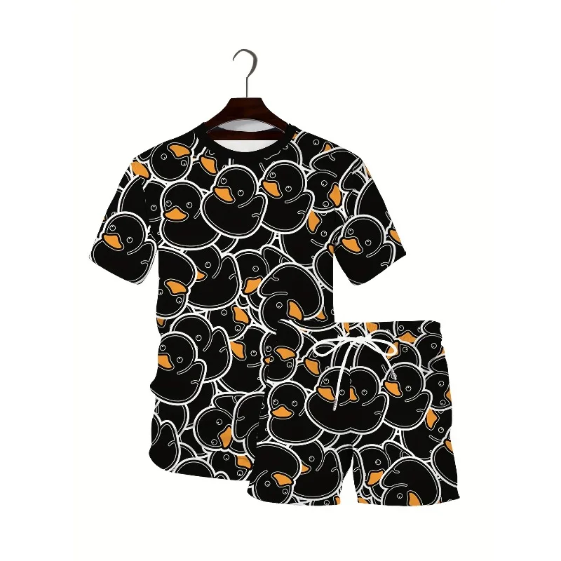 Summer 2025 3D Printed Polyester Fiber Round Neck Short Sleeved T-shirt and Shorts Set for Casual Sports and Outdoor Activities