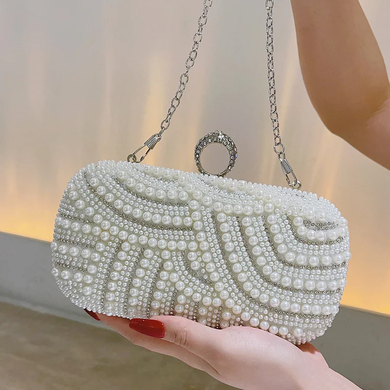 

Women Luxury Pearl Diamond-encrusted Clutch Bag Evening Bag Bridal Wedding Banquet Handbag Sparkling Diamond Chain Shoulder Bag