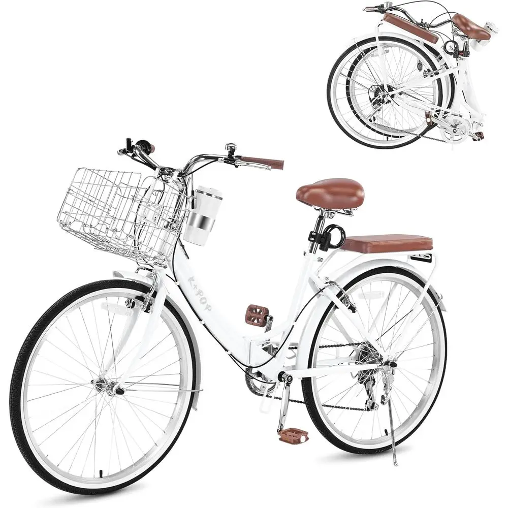 

24-26 Inch 7-Speed Women's Cruiser Bike with Basket and Cup Holder, Adjustable Seat and V-Brakes