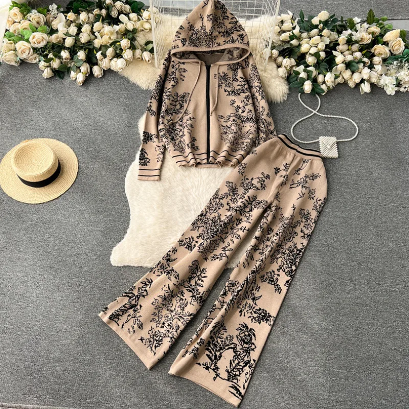 

Fashion Vintage Flower Jacquard Pants Sets Women Knitted Hooded Cardigan Trousers Two Piece Set Spring Autumn Female Clothing