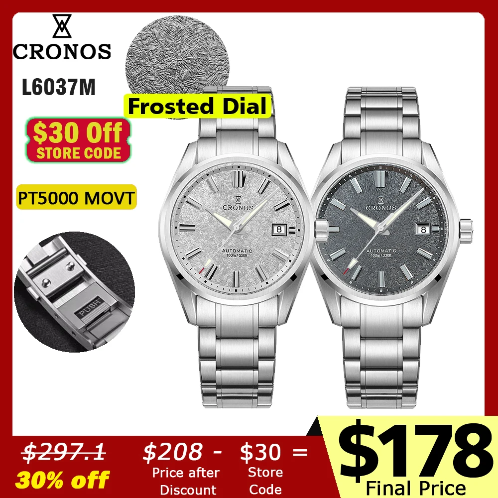 

Cronos Men Watch 39mm Automatic Wristwatches White Dial Solid Links Sapphire 10 ATM L6037M