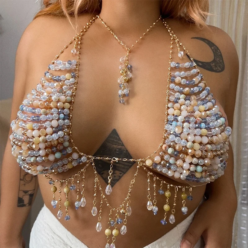 Sexy Music Festival Beach Wear Women Halter Crystal Bead Bralette Body Chain Female Bra Body Jewelry