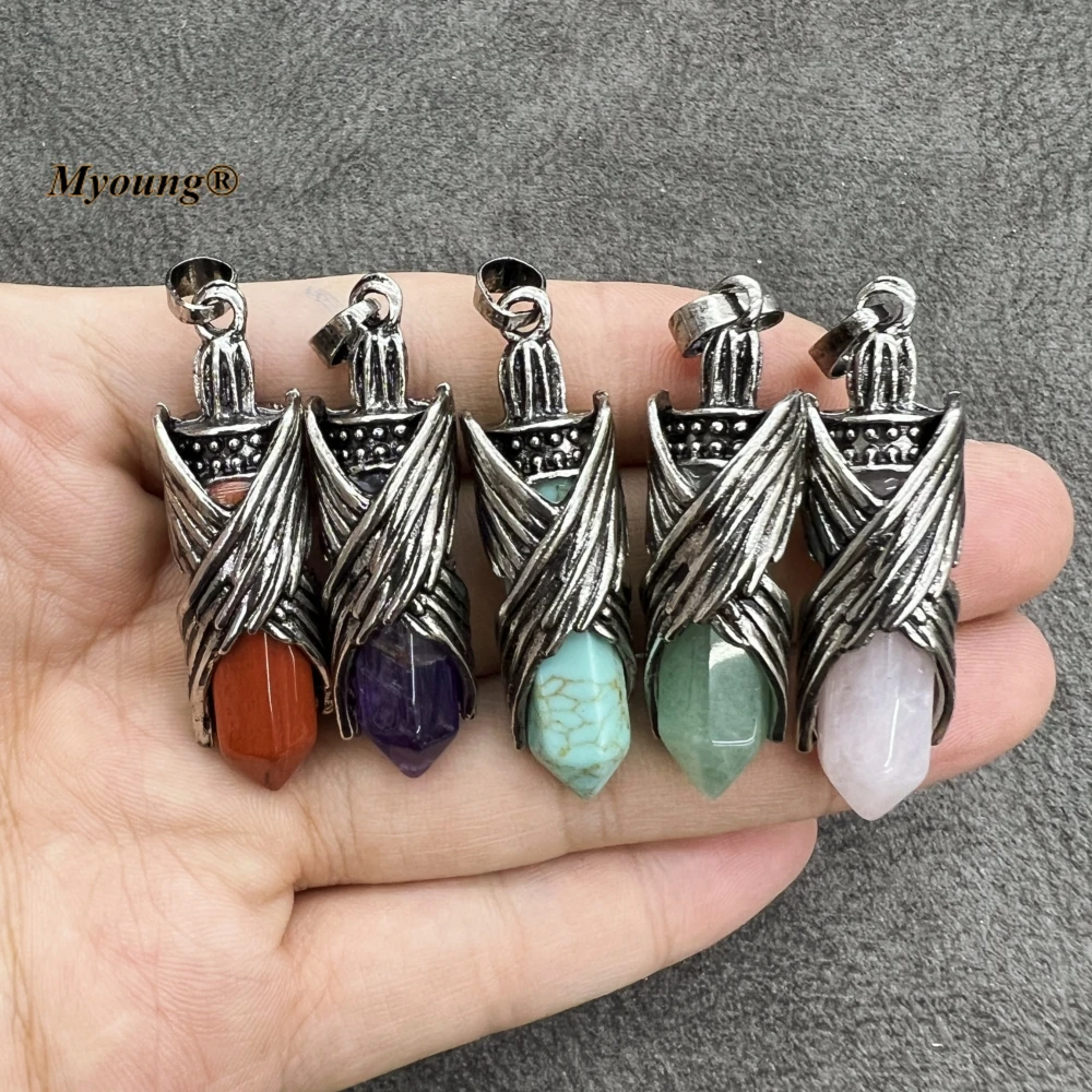 

12PCS Vintage Natural Gems Stone Hexagonal Pendants Angel Wings Bullet Crystal Quartz Pendant MY230868