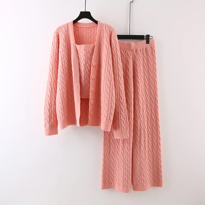 

Three Pieces Women Pant Sets Cable Knitted Sweater Set Solid V Neck Cardigan Camisole Wide Leg Pant Loose Fit Casual 2025 Autumn