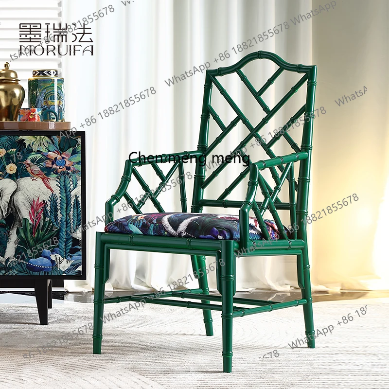 

Retro solid wood French style Chinese style bamboo joint study classical chair tea house hollow medieval dining chair green