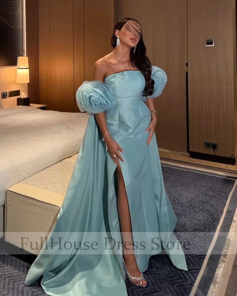 Ocasión a medida Cuello barco Flores hechas a mano Vestido de noche con abertura lateral Sin respaldo Maxi longitud Vestido árabe saudí con tren