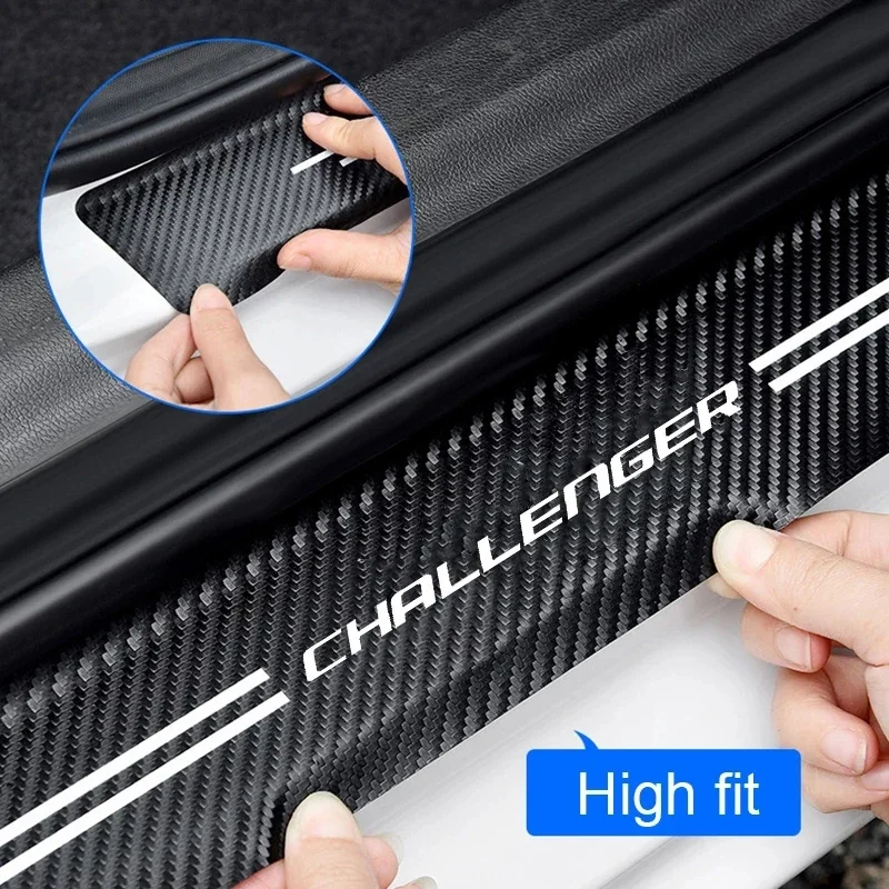 Carbon Fiber Car Door Threshold Sill Scuff Plate Stickers Rear Trunk Anti-scratches Decal for Dodge Challenger Logo Decoration