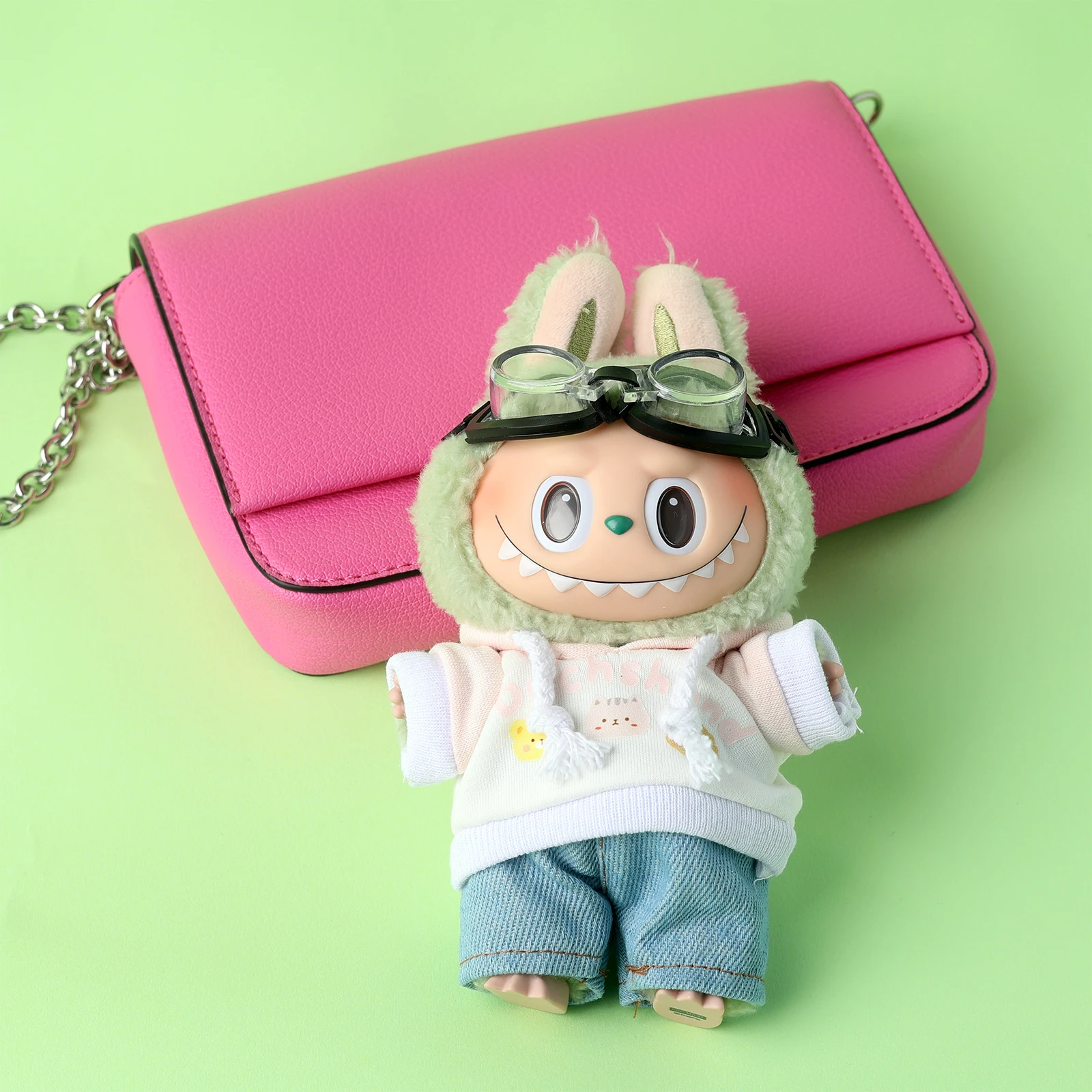 Cute 17cm Vinyl Doll Clothes for Labubu Exquisite Pink Hoodies Set Matching Glasses 3pcs Accessories Art Toy Collector Costume