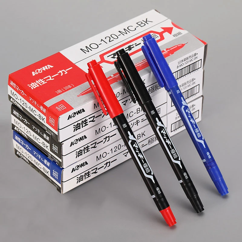 10pcs Wholesale Twin Tip Permanent Marker Pen Fine Point Waterproof Ink Thin Nib Crude Nib Black/Blue/Red Ink 0.5/1mm Fine Color