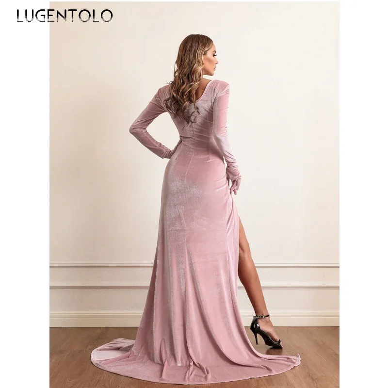 女性のセクシーなドレスハイウエスト秋冬スリムパーティーレディ裾スリットベルベット気質長袖マキシ服