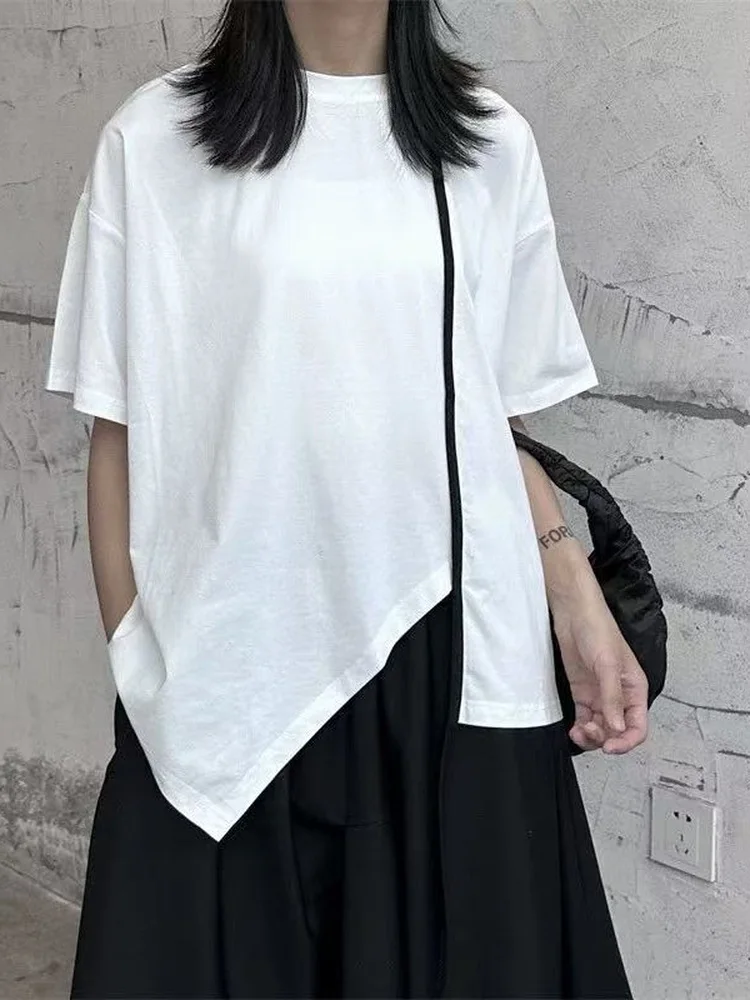 Loose Short Sleeve T-Shirt Mountain Dark Summer Asymmetrical Slit Color Block Cotton Casual Women's Top Slimming Design