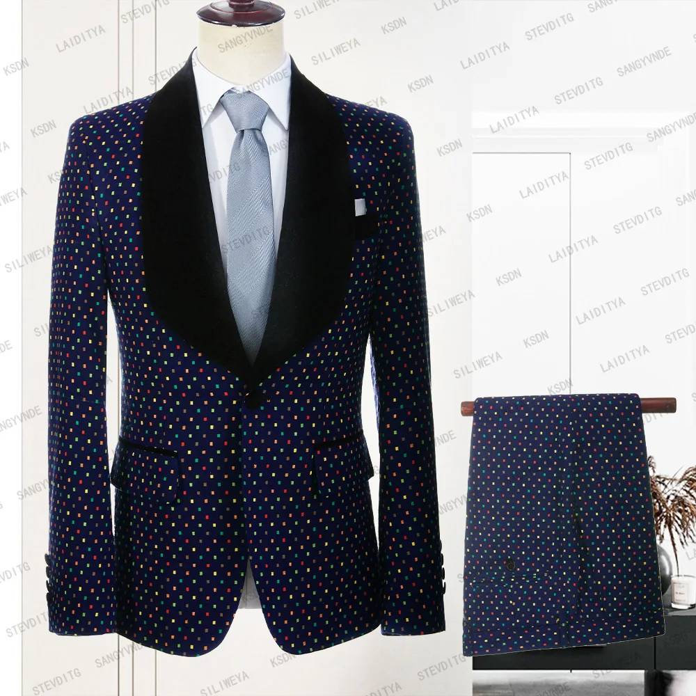 

2023 New Design Men Suits Slim Fit Formal Dark Blue Linen Black Lapel Colourful Check Groom Dress Tuxedo 2 Pcs Set Jacket+Pant