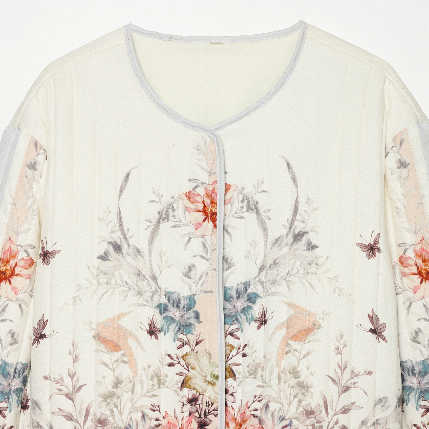 KASLEAD New Women's Fashionable Versatile Printed Quilted Jacket Long Sleeve Polyester Fiber Button Closure Plant Floral Pattern
