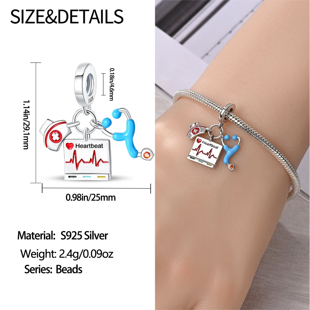 925 Sterling Silver Doctor&Nurse Hat&ECG&Bacteria&Pills&Medical Kit&Teeth Dangle Charm Fit Brand Bracelet Medical jewelry